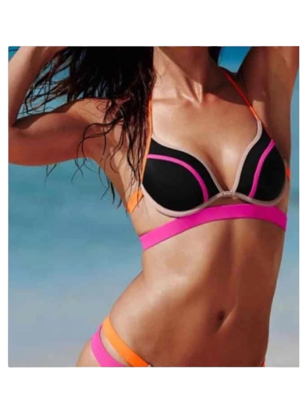 Victoria’s Secret VS Swim ❤︎ Hottie Banded Halter Bikini Top ❤︎ Black + Pink 34C